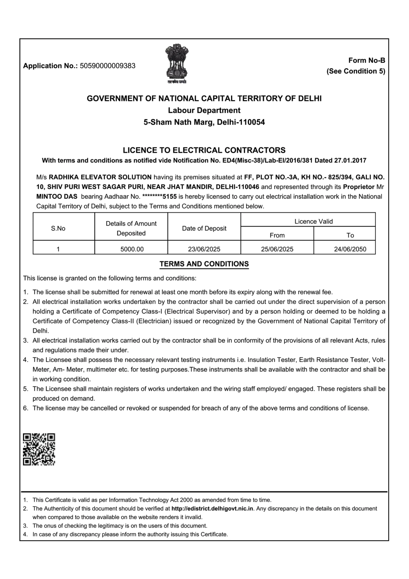 Electrical Contractor Licence — original client document