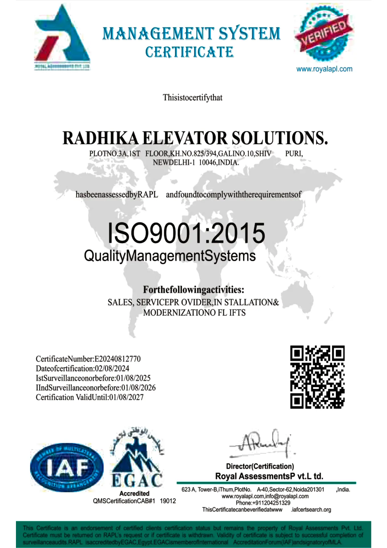 ISO 9001:2015 certificate — original client document