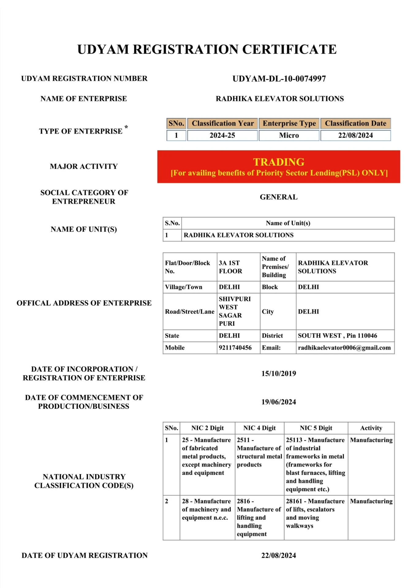 Udyam Registration Certificate — original client document