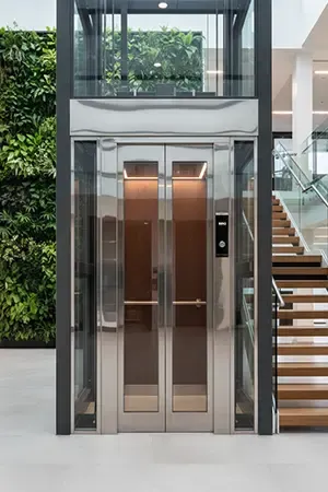 Glass-enclosed elevator with a living green wall beside a staircase