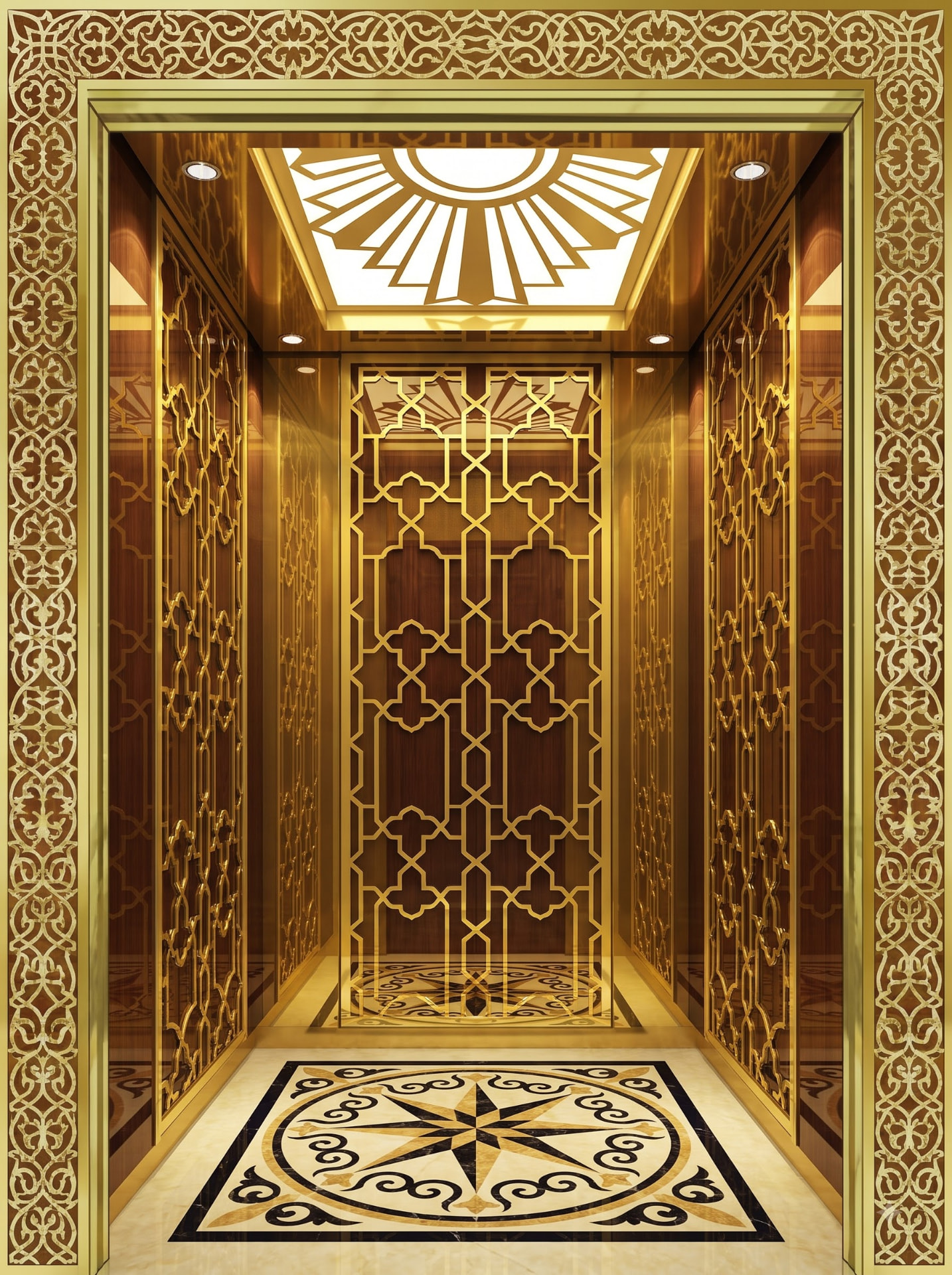 Ornate customized luxury lift cabin with gold decorative finishes