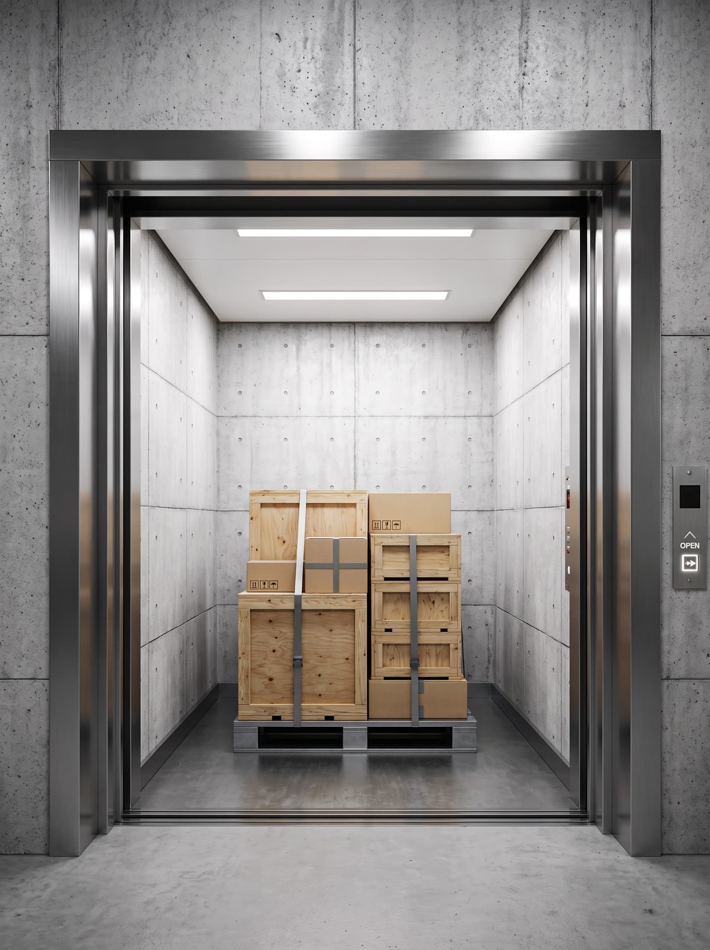 Goods and freight lift carrying secured crates